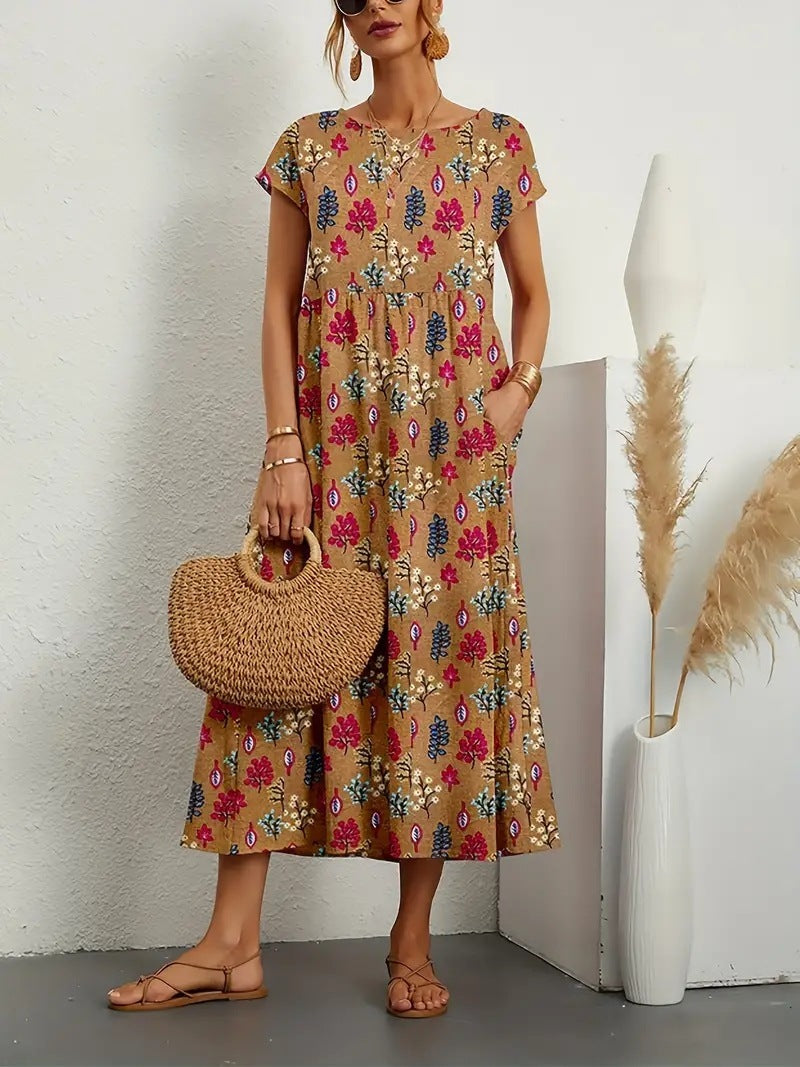 Vestido Midi Fluido para Dama con Estampado Gráfico y Manga Corta – ZITA