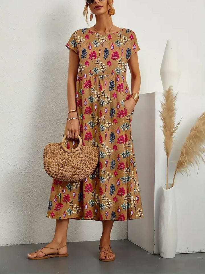 Vestido Midi Fluido para Dama con Estampado Gráfico y Manga Corta – ZITA
