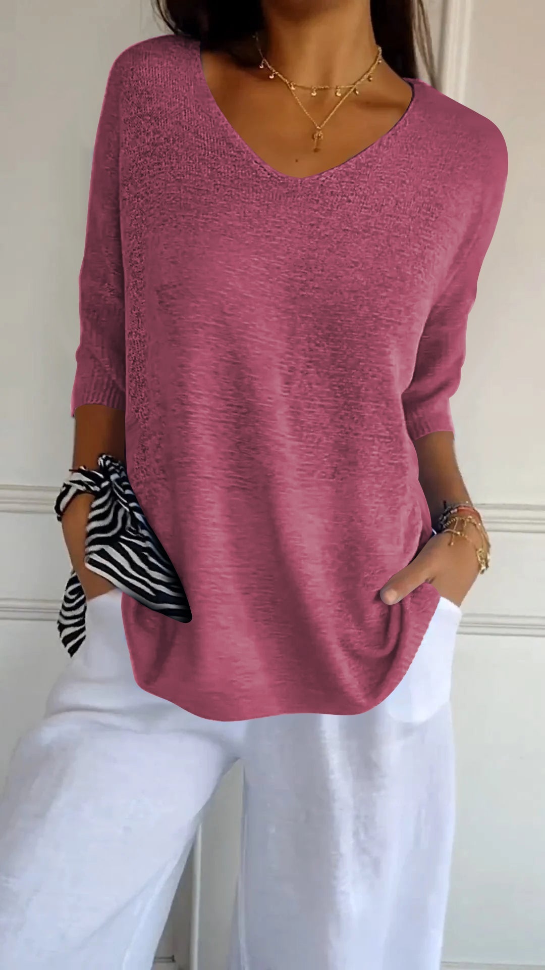 Felicidad - Camiseta de punto con cuello en V