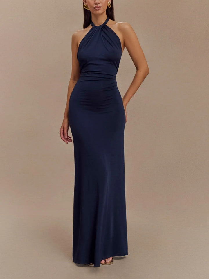 Vestido largo halter para mujer con espalda descubierta y cintura entallada – KAROLAYA