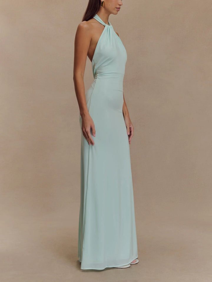 Vestido largo halter para mujer con espalda descubierta y cintura entallada – KAROLAYA
