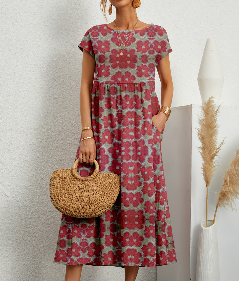 Vestido Midi Fluido para Dama con Estampado Gráfico y Manga Corta – ZITA