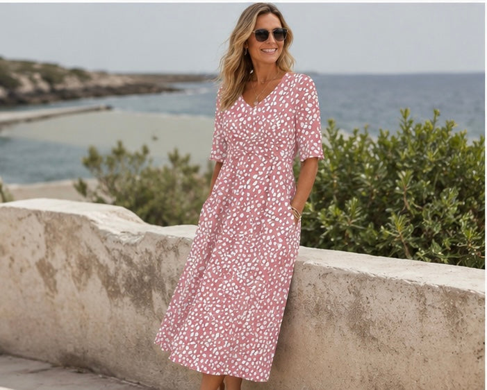 COLETTE | Vestido Midi Elegante con Estampado Rosa