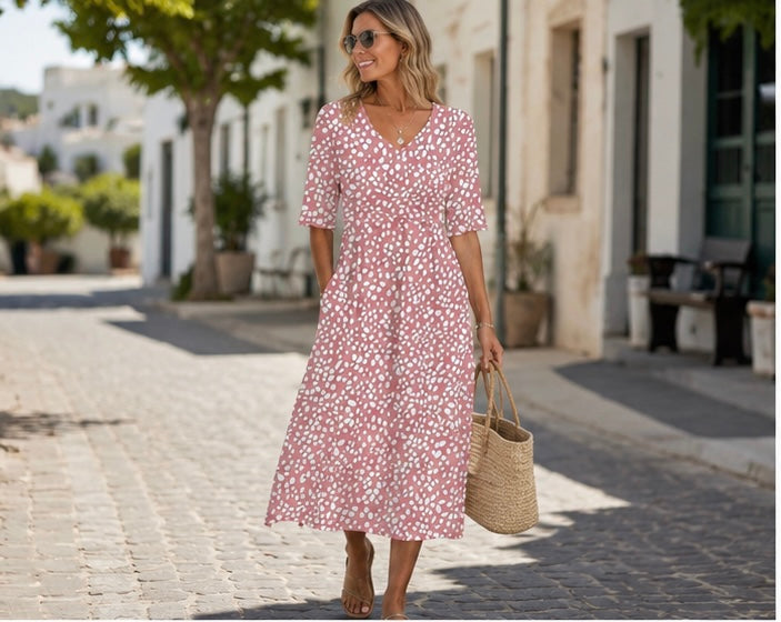 COLETTE | Vestido Midi Elegante con Estampado Rosa