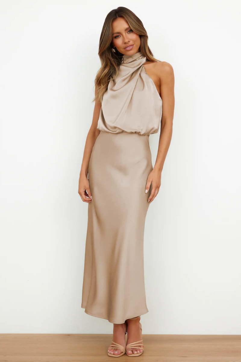 Luzielle Midi – Vestido midi elegante con escote asimétrico para mujer moderna