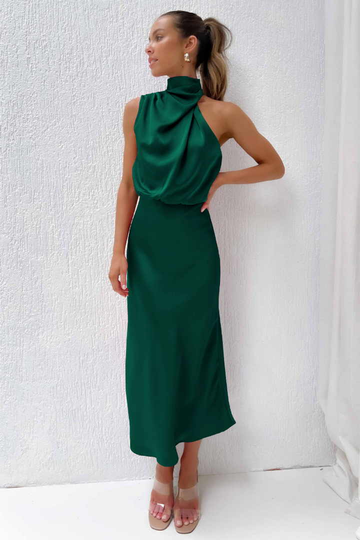 Luzielle Midi – Vestido midi elegante con escote asimétrico para mujer moderna