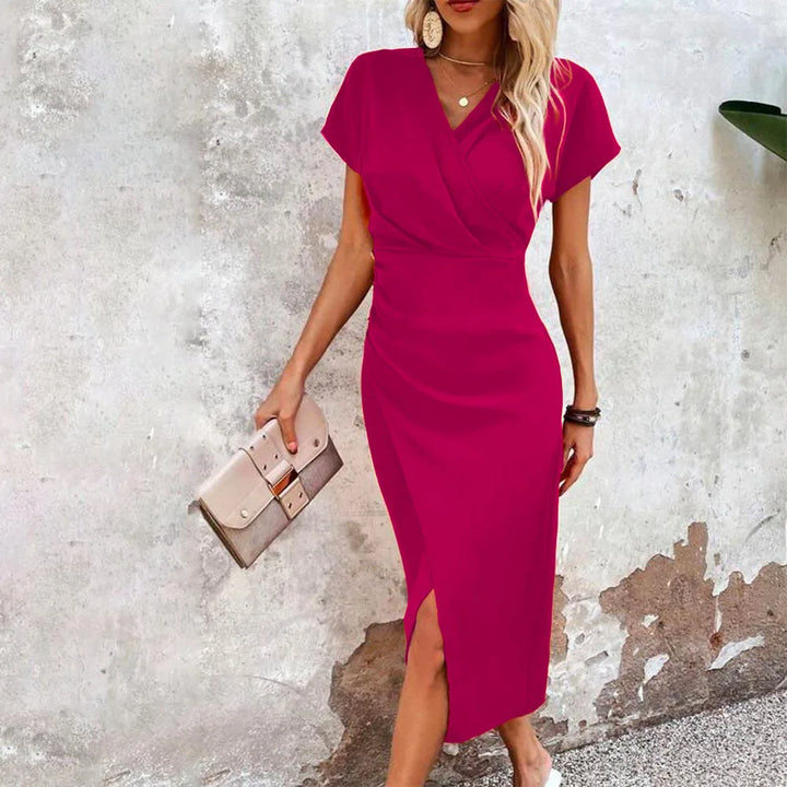 Vestido midi cruzado con abertura lateral y mangas cortas – OLIVIA
