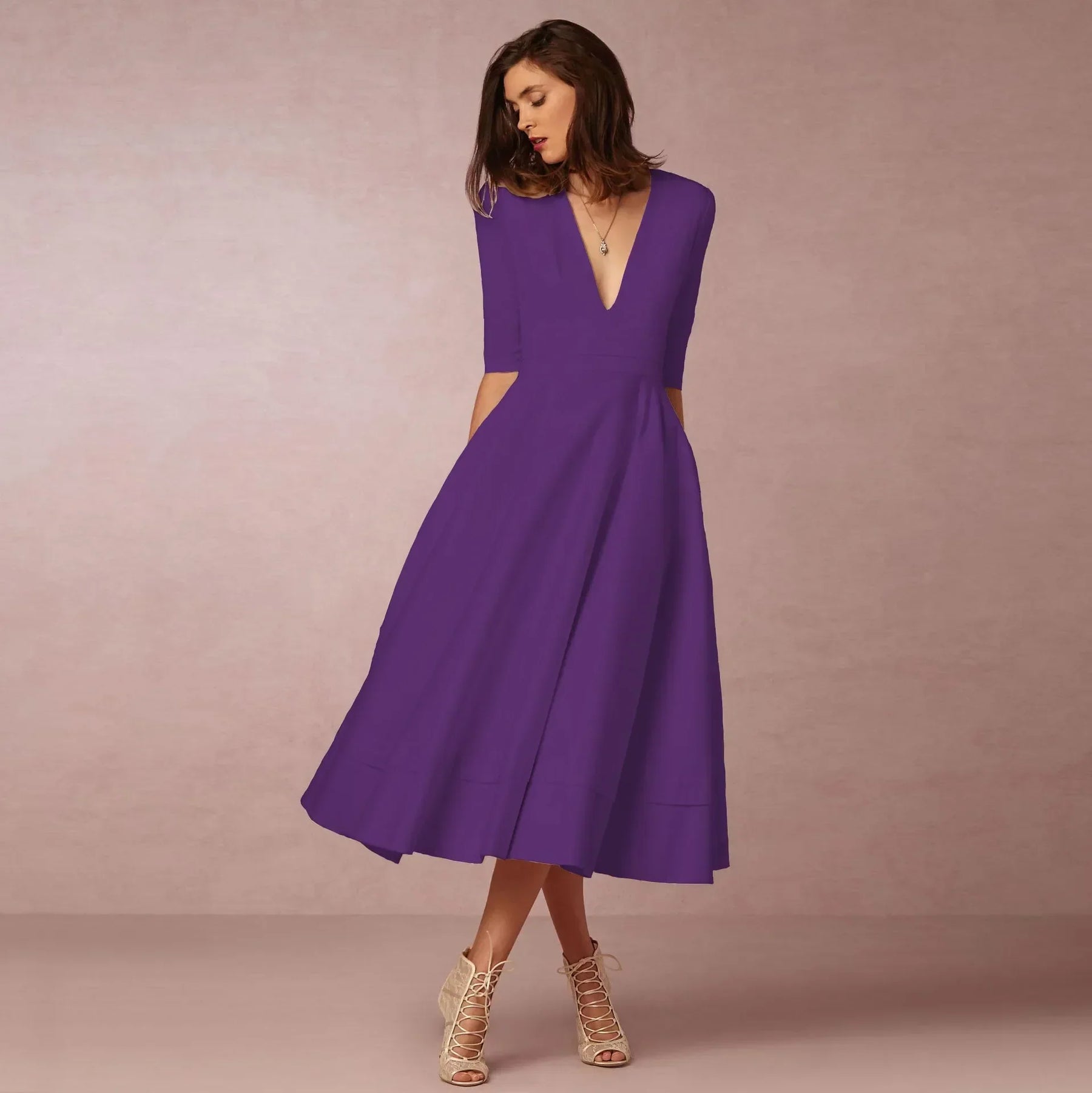 Vestido midi con escote en V y mangas al codo para mujer – MARIELA