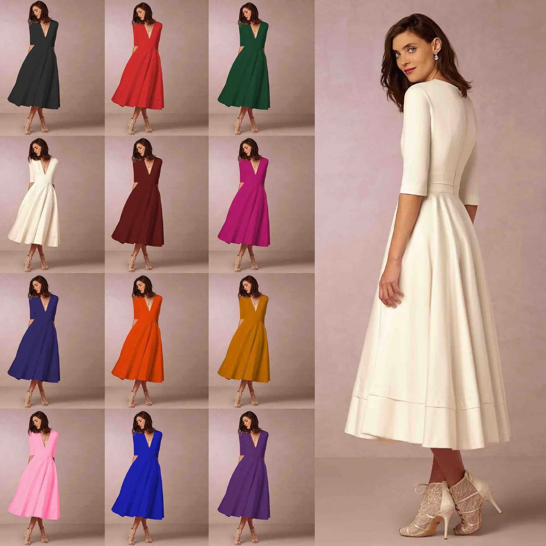 Vestido midi con escote en V y mangas al codo para mujer – MARIELA