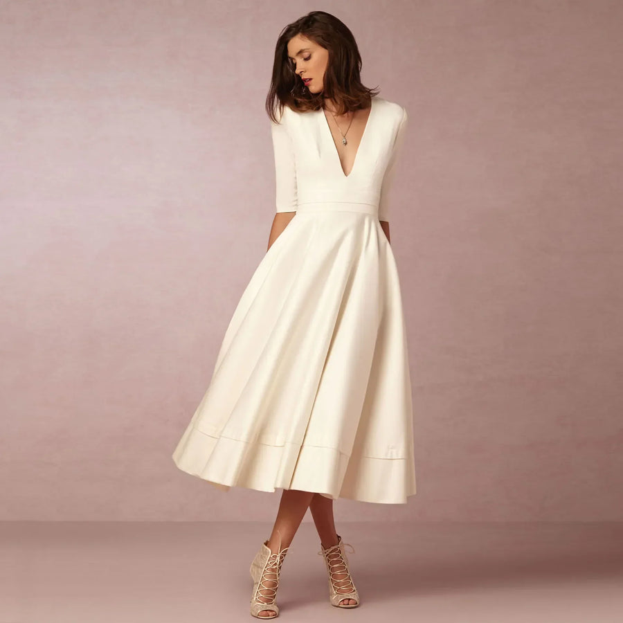 Vestido midi con escote en V y mangas al codo para mujer – MARIELA