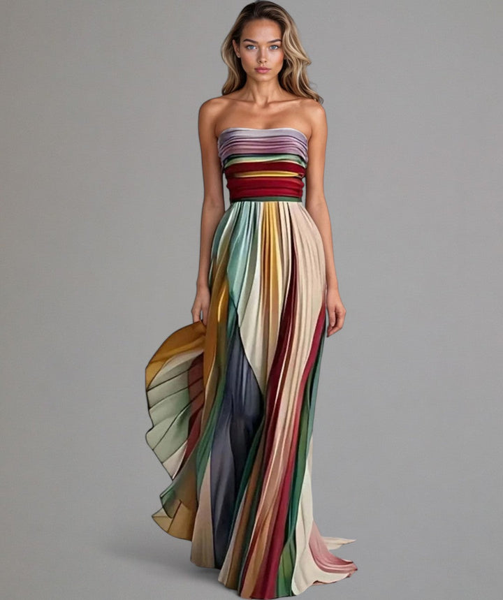 Vestido palabra de honor con plisado y bloques de color – SOLÉA