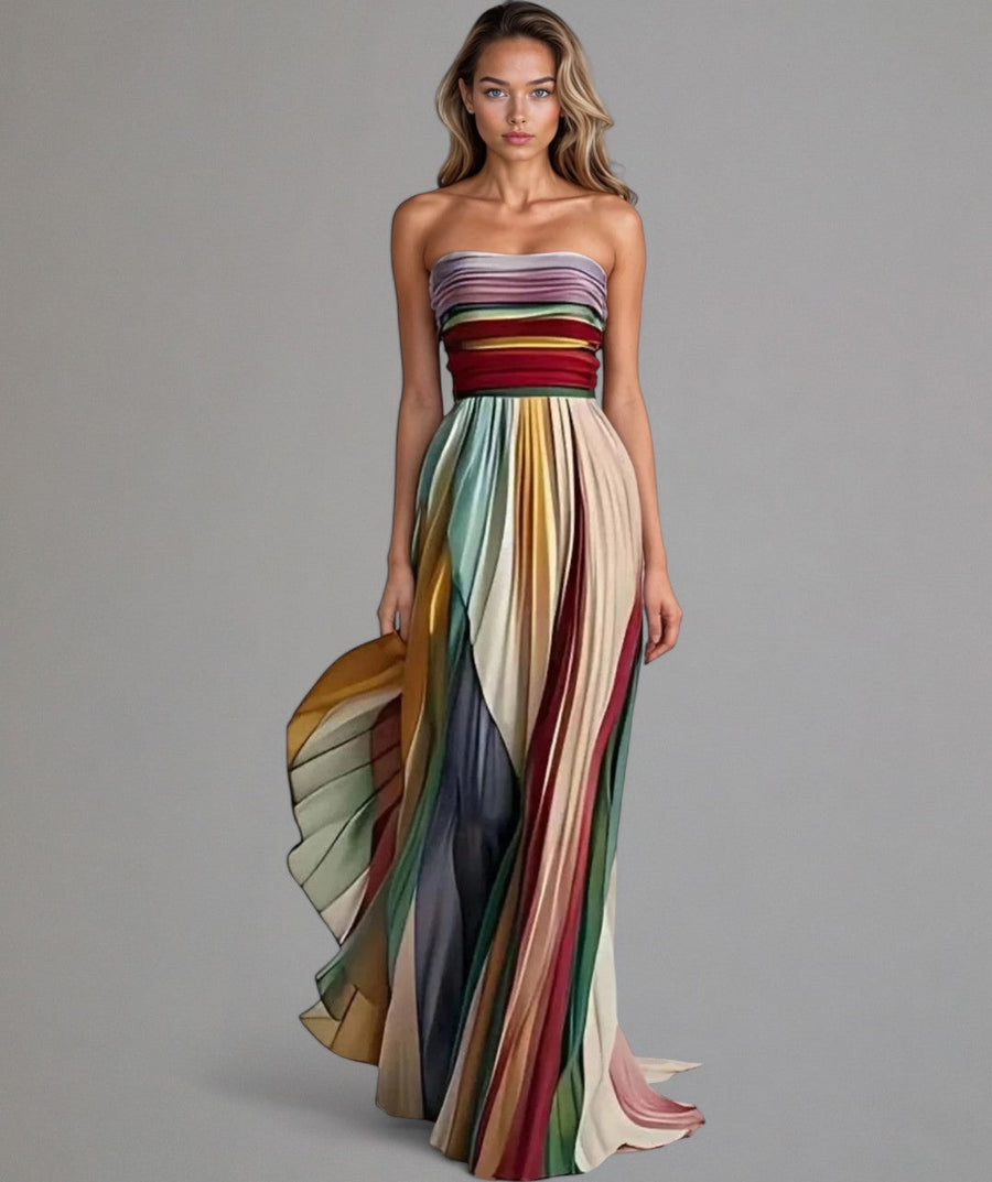 Vestido palabra de honor con plisado y bloques de color – SOLÉA