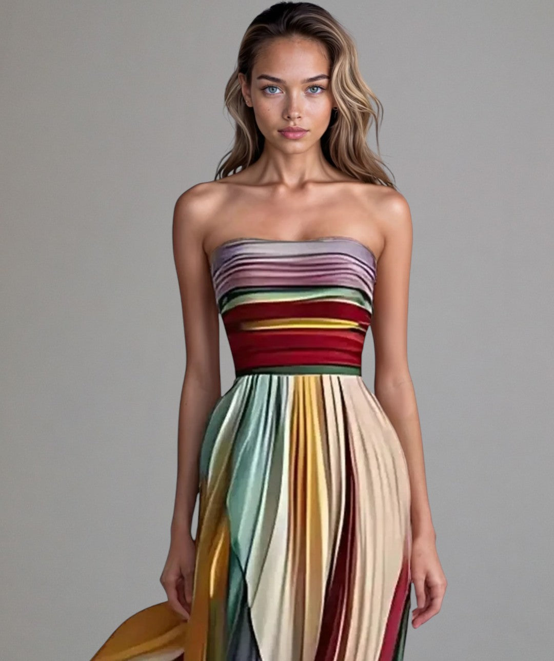 Vestido palabra de honor con plisado y bloques de color – SOLÉA