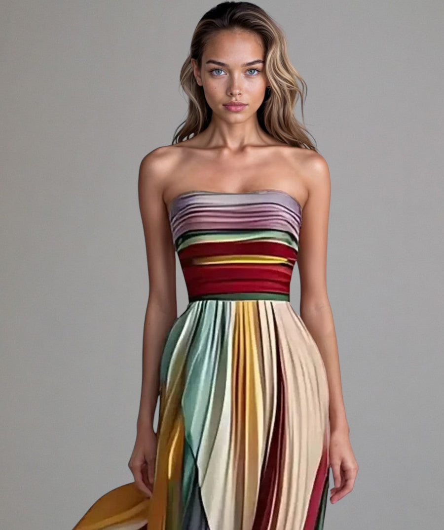 Vestido palabra de honor con plisado y bloques de color – SOLÉA